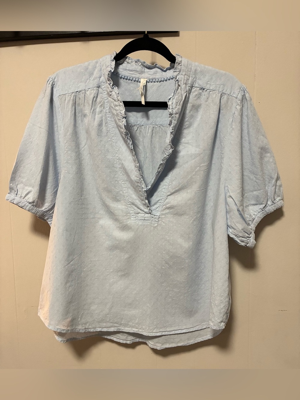 by Anthropologie Women’s L Blue Solid 100% Cotton V-Neck Ruffle Puff Blouse